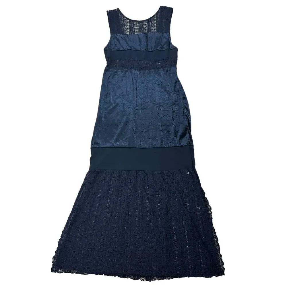 Free People Crushed Velvet Sheer Lace Blue Maxi Dress Large Fairy Witchy Gothic - Picture 4 of 16